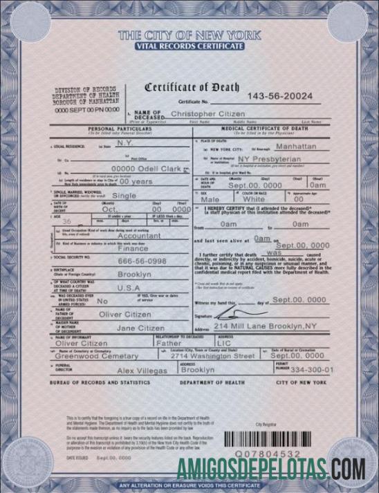 Realista modelo de certidão de óbito do estado de Nova York nos EUA em formato PSD
